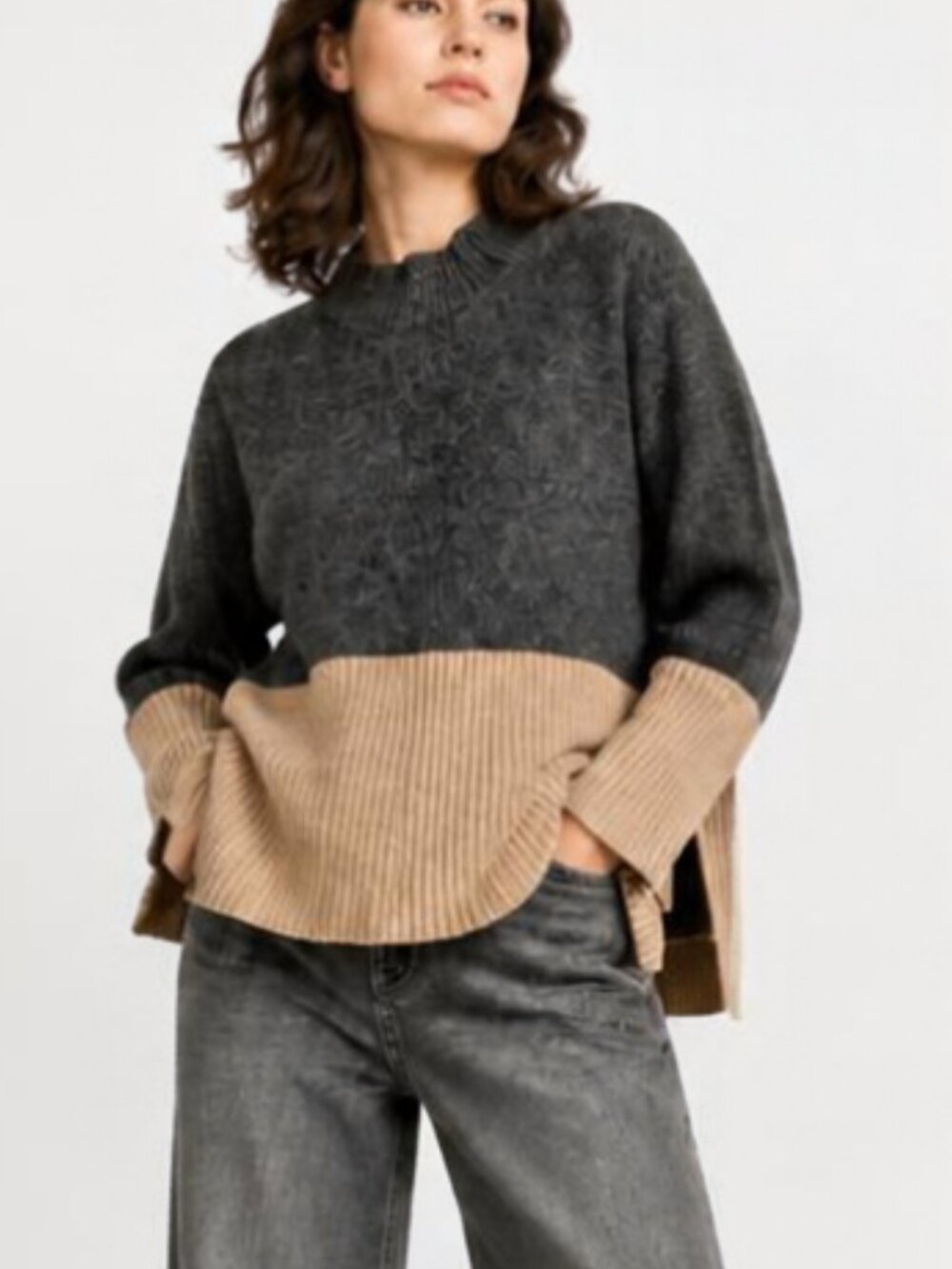 Gray Beige Wool Cotton Sweater Large